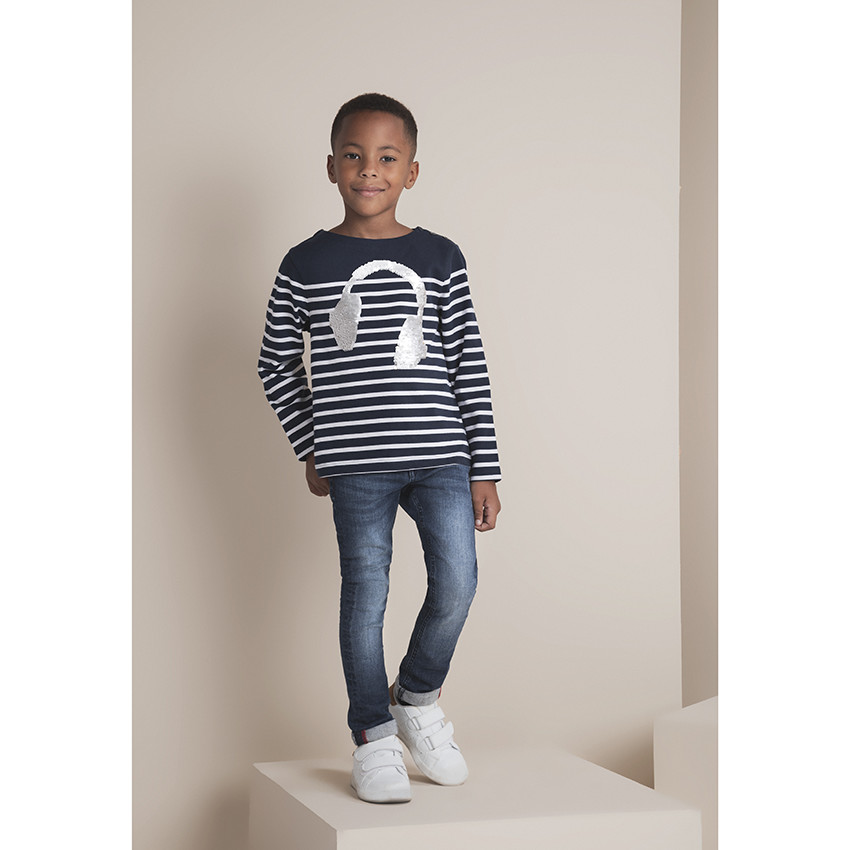 Camiseta manga larga estilo marinero print auriculares de lentejuelas 