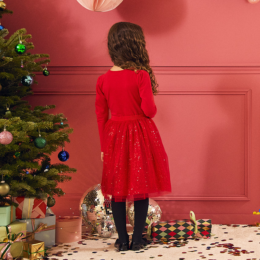 Vestido de fiesta de manga larga efecto 2 en 1 con lentejuelas para niña 