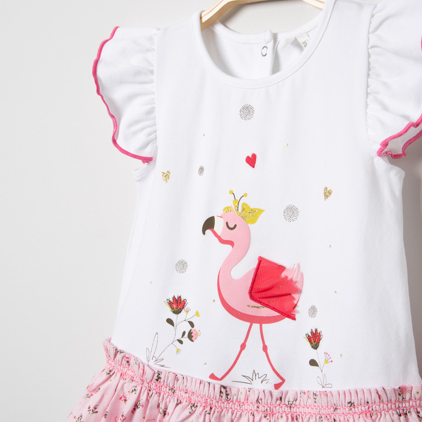 Vestido mangas cortas efecto 2 en 1 print flamant rose 