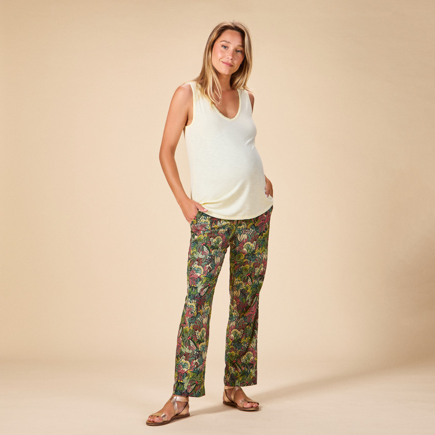 Pantalón fluido con cinturón anudado y estampado de hojas para mujer 