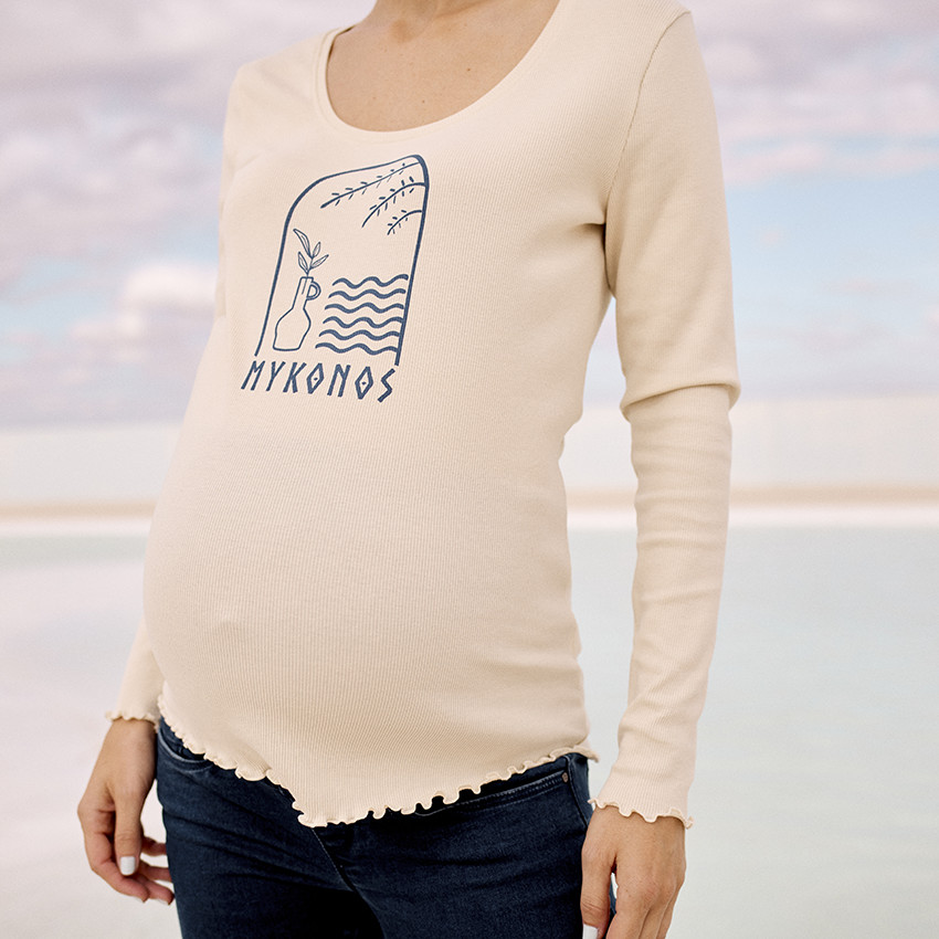 Camiseta de manga larga de punto acanalado estampada Mykonos para mujer 