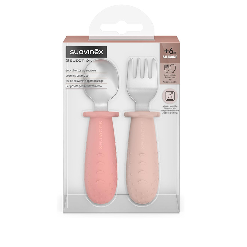 Pack de 2 cubiertos silicona y acero inoxidable 6M+ Colour Essence rosa 