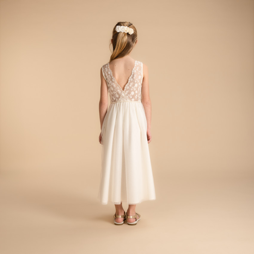 Vestido largo de ceremonia en tul bordado para niña 