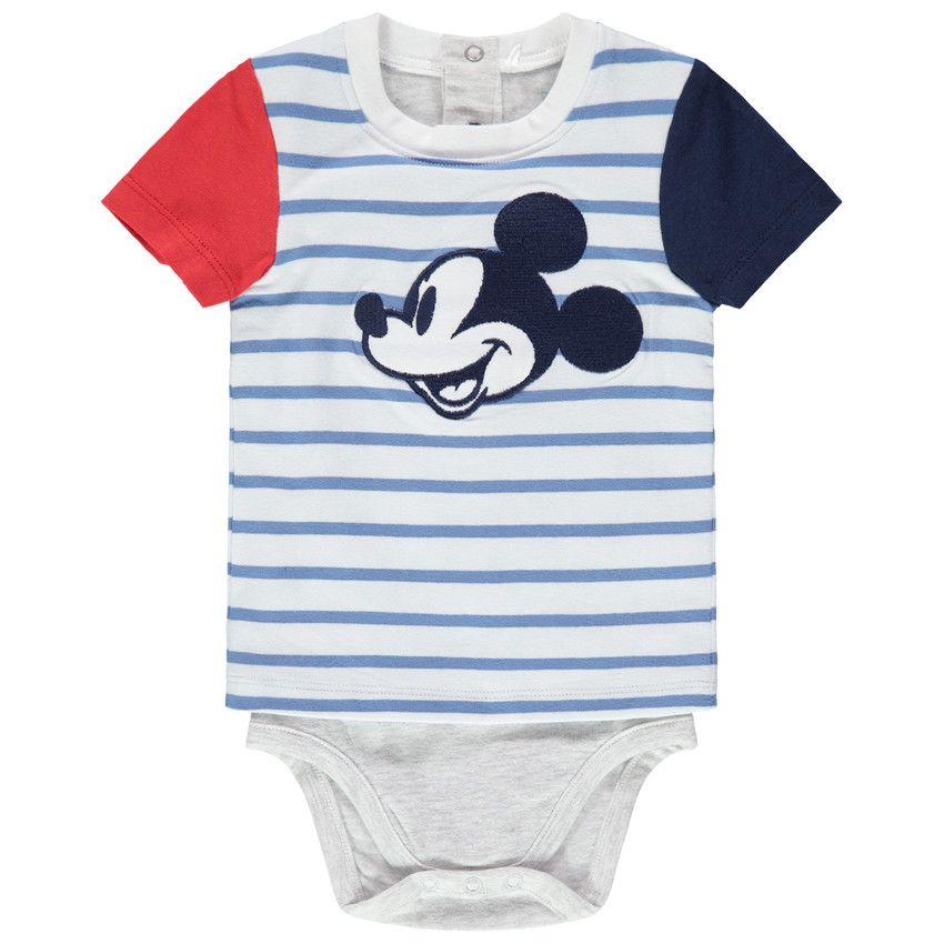 Body de manga corta de rayas con efecto 2 en 1 bordados Mickey Disney 