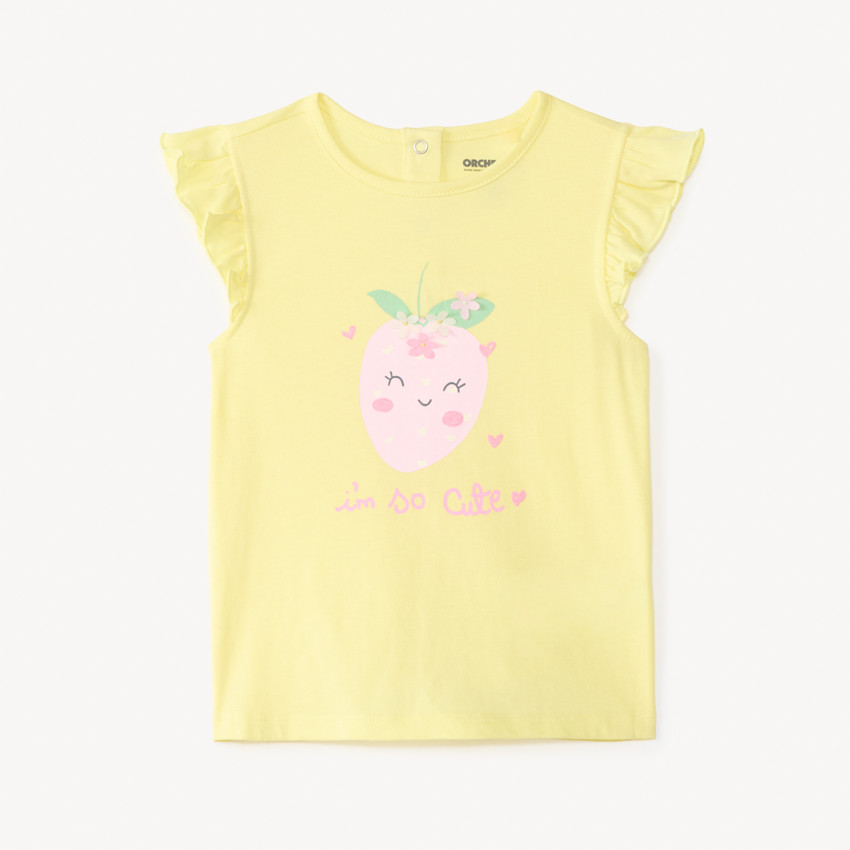 Camiseta de manga corta con volantes y estampado de fresa con flores en relieve para niña bebé. 