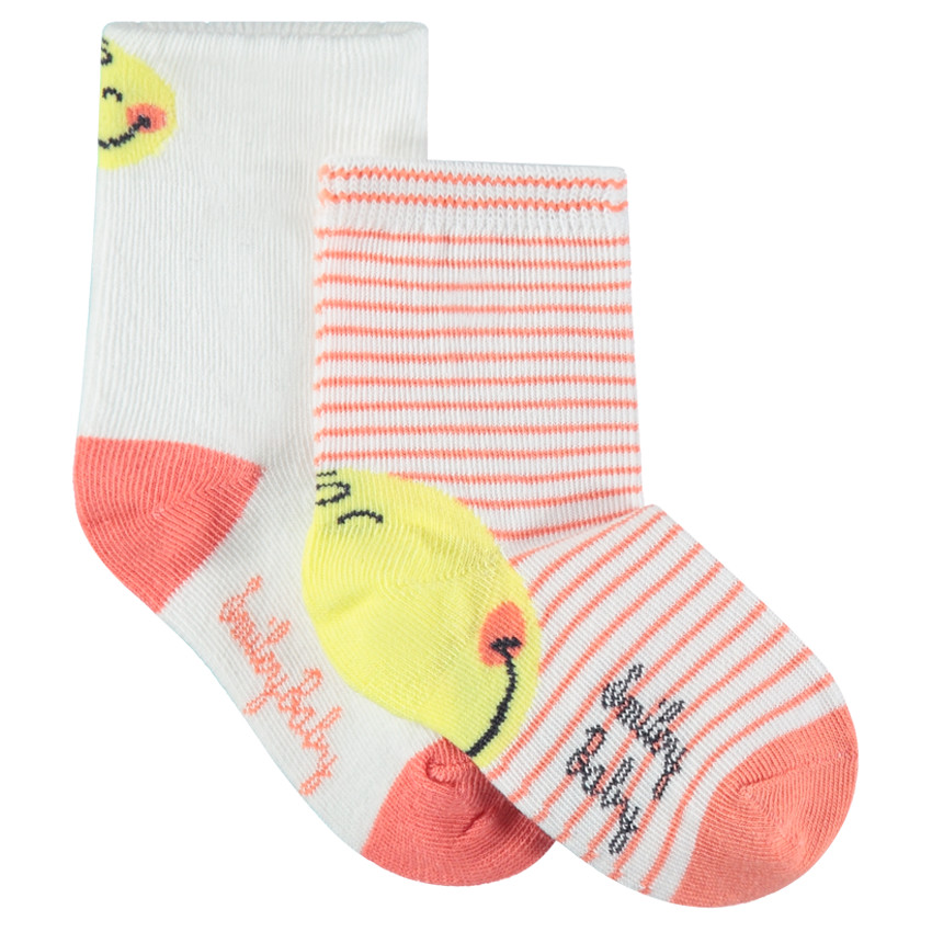 Juego de 2 pares de calcetines de rayas/lisos con motivos Smiley 