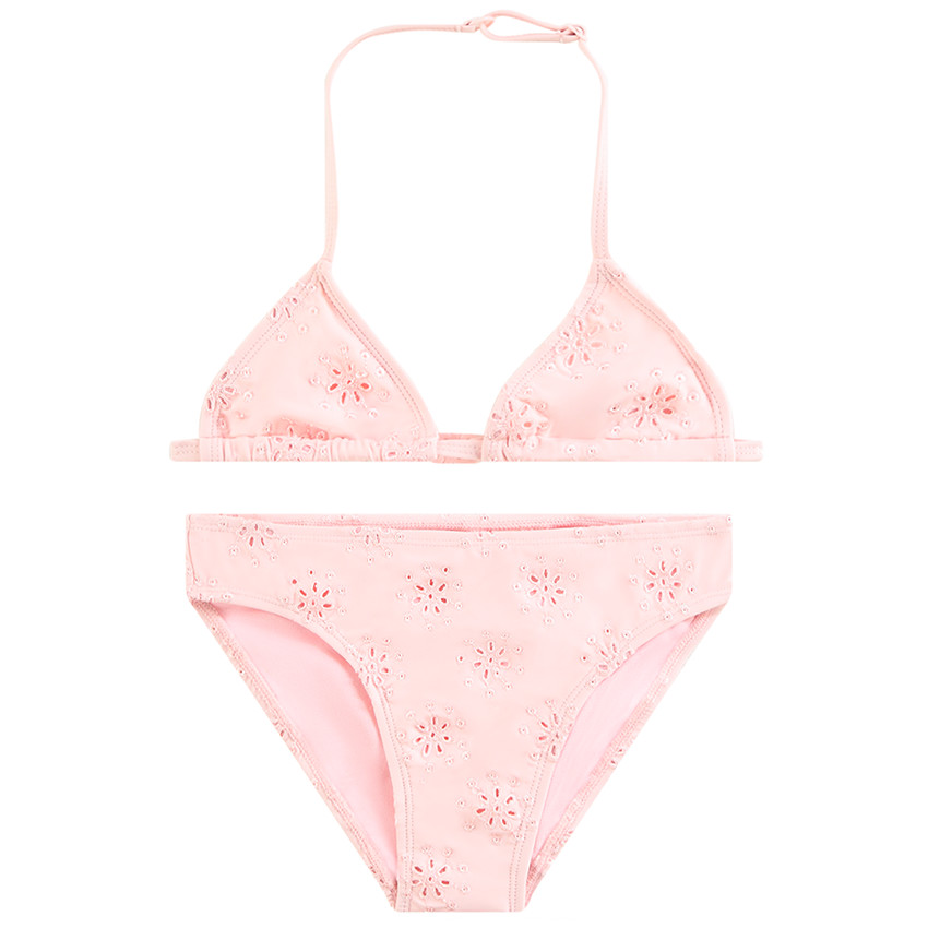 Maillot de baño 2 piezas triángulo en bordado inglés para niña 