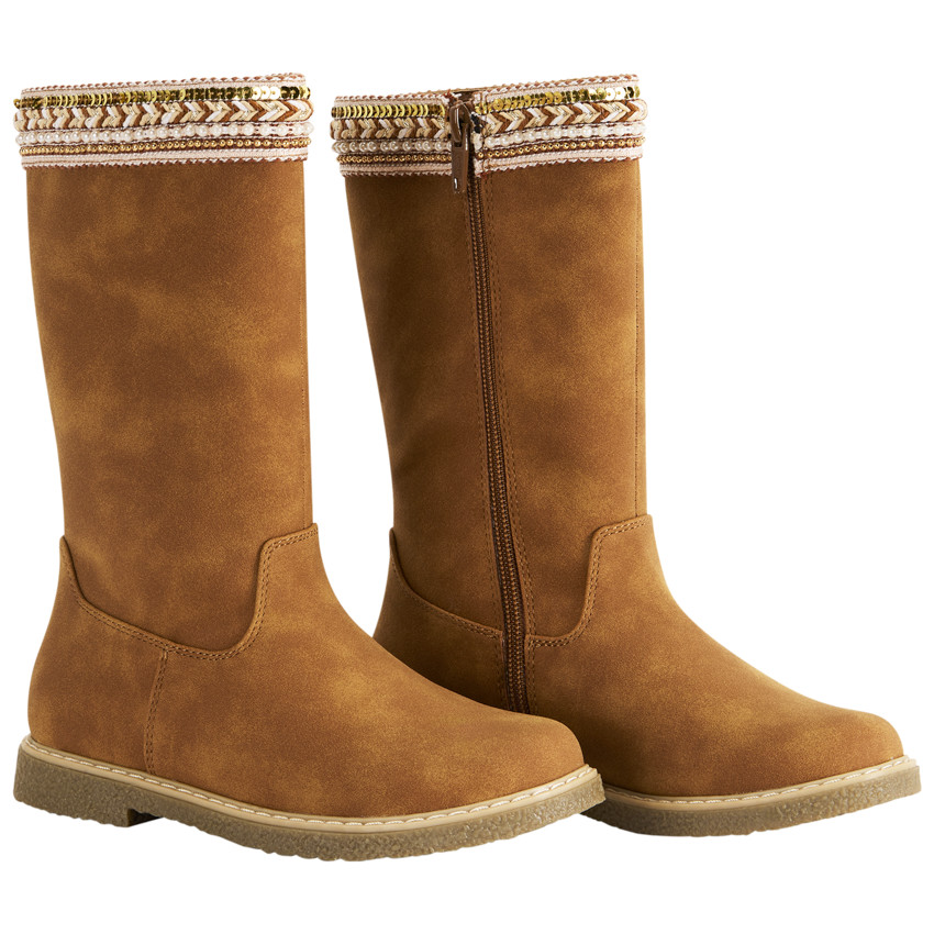 Botas marrones con cremallera y galón textil con perlas y lentejuelas para niña 
