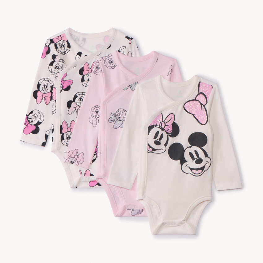 Lot de 3 bodies manches longues Minnie Disney pour bébé fille avec ouvertures différentes selon l'âge 