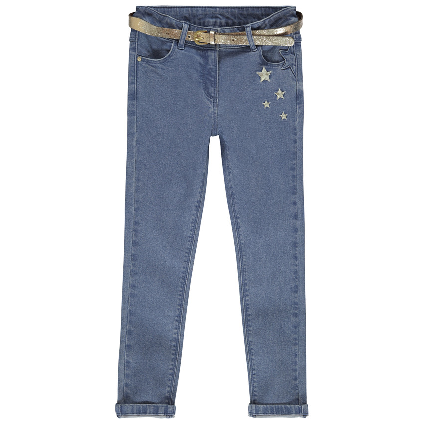Jean slim avec étoiles brodées et ceinture pour fille Main Jean slim avec étoiles brodées et ceinture pour fille