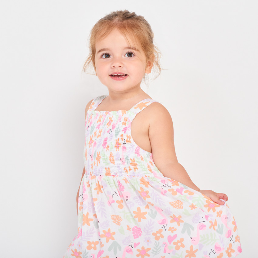 Vestido con smocks y estampado fantasía para bebé niña 