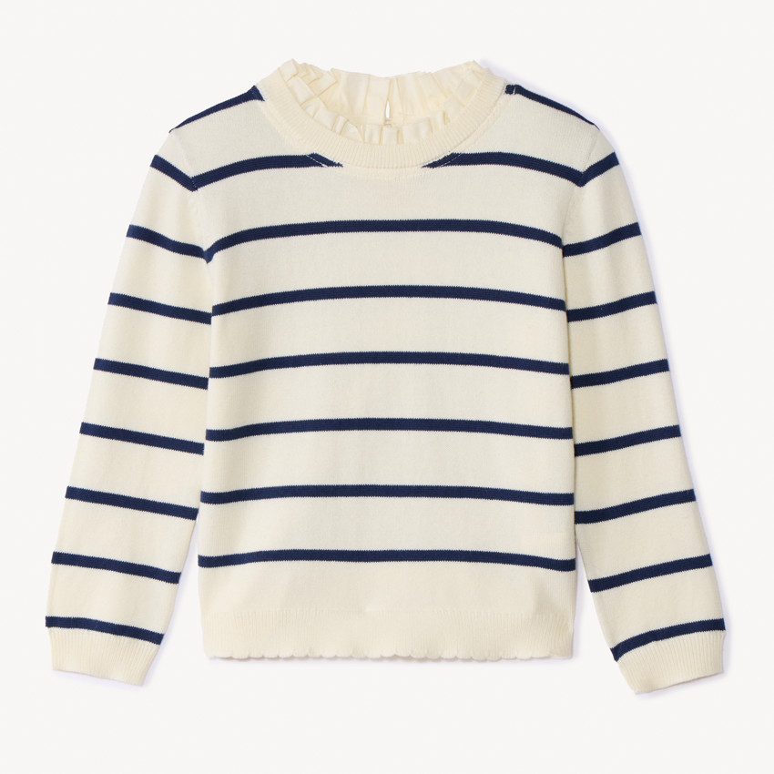 Jersey de punto con rayas y cuello de popelina con volante niña 