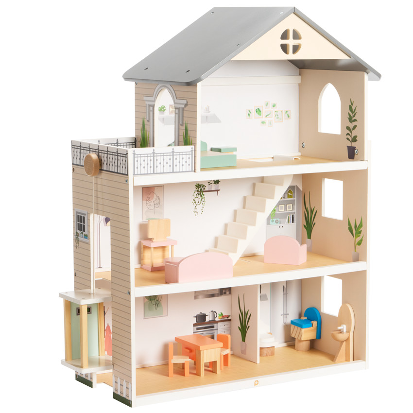 Casa de muñecas amueblada de madera 
