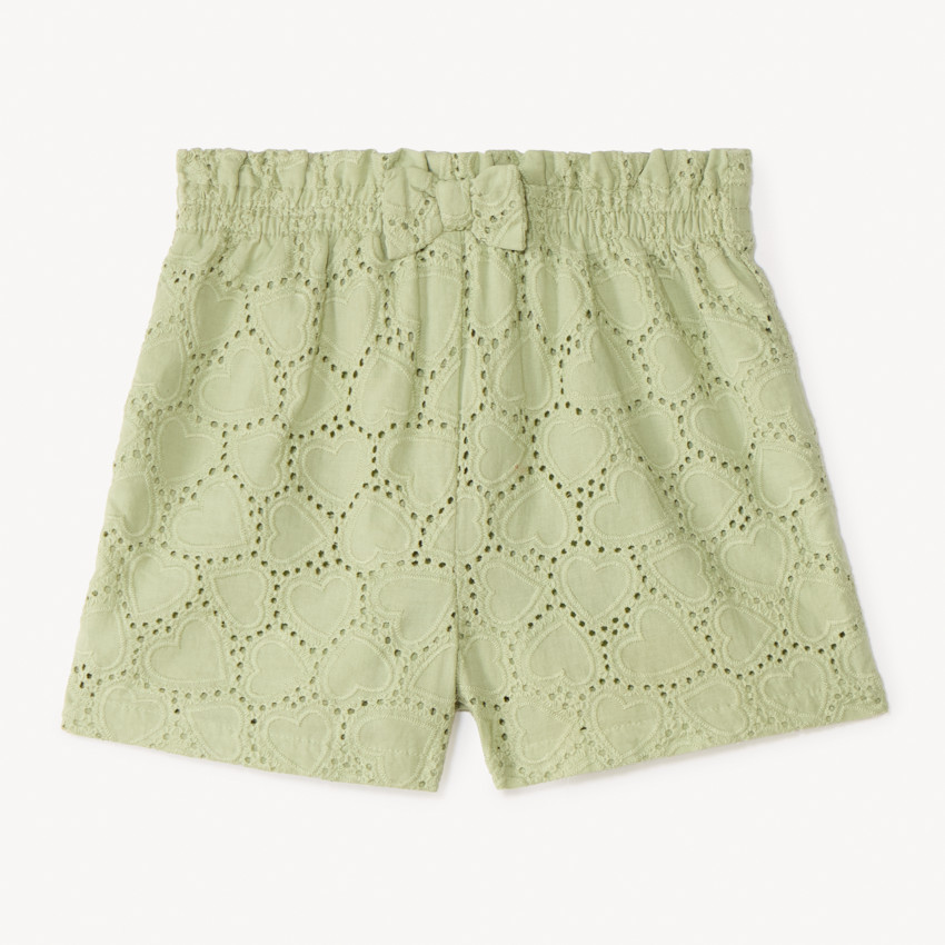 Pantalón corto liso de bordado inglés con lazo decorativo para niña bebé. 