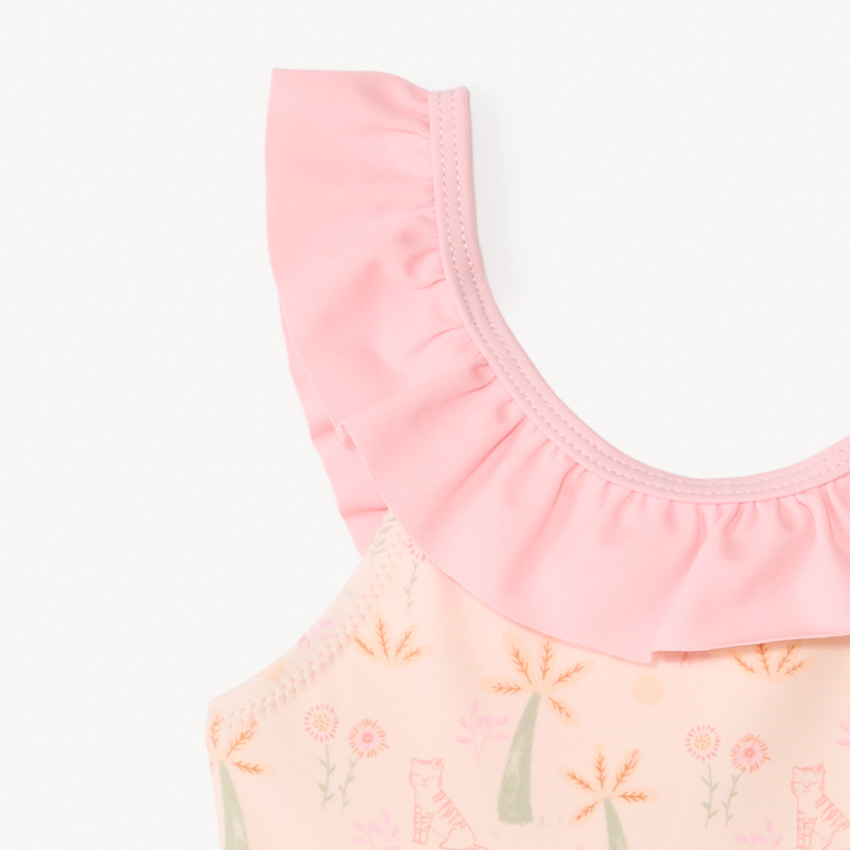 Bañador de una pieza con volantes y estampado fantasía para niña bebé. 
