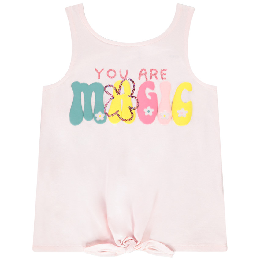 Camiseta sin mangas efecto nudo con estampado fantasía y lentejuelas niña 