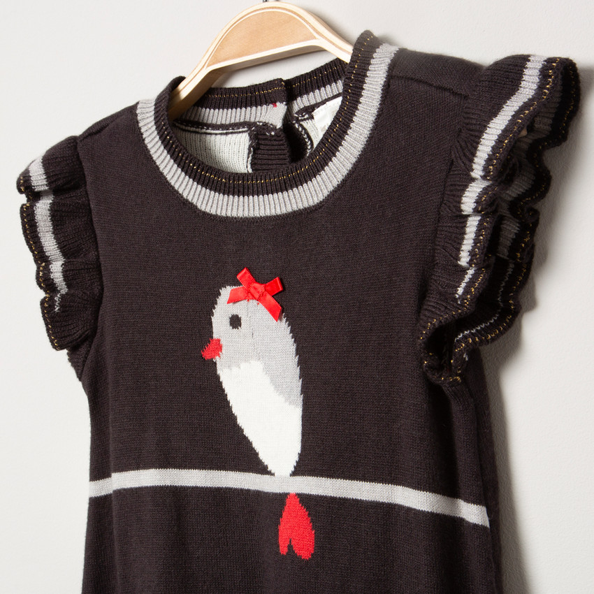 Vestido de punto con pájaro y lunares de jacquard 