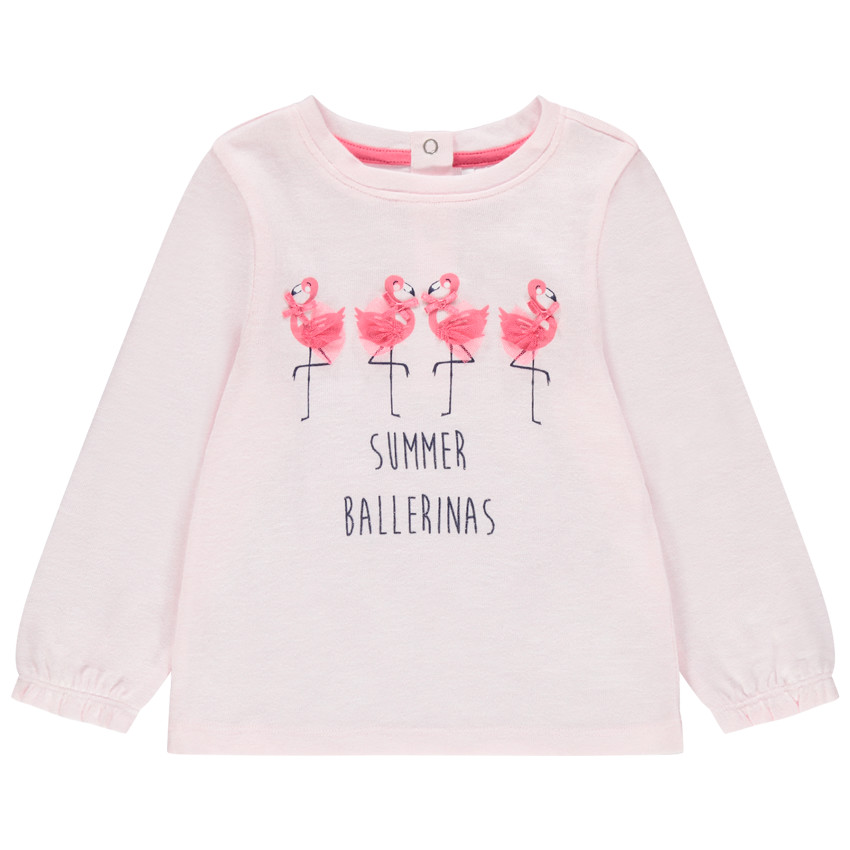 Camiseta de manga larga estampado de flamencos, detalles de tul y mensaje. 