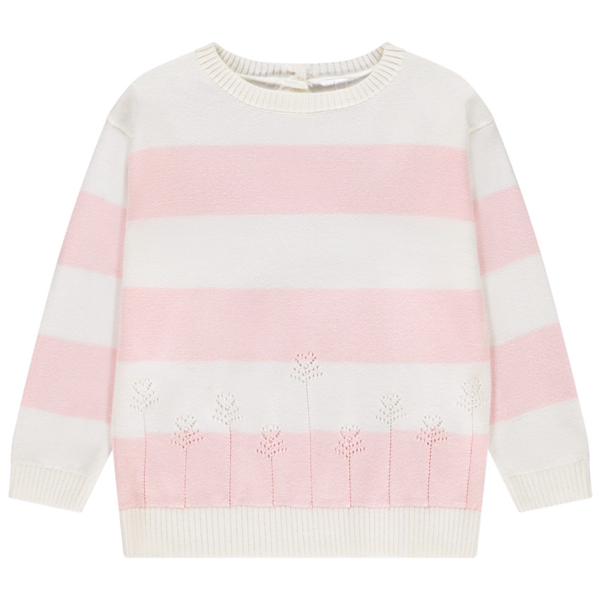 Suéter de punto a rayas con flores caladas para niña. 