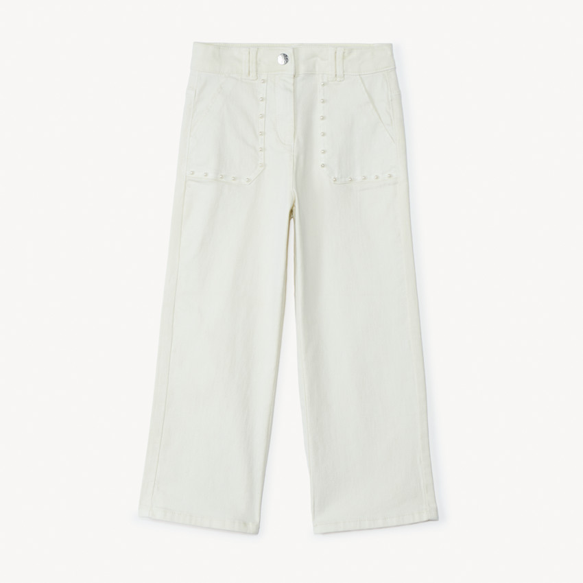 Pantalón vaquero ancho con bolsillos y perlas nacaradas para niña 