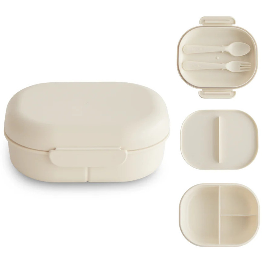 Fiambrera con compartimentos y cubiertos color marfil 