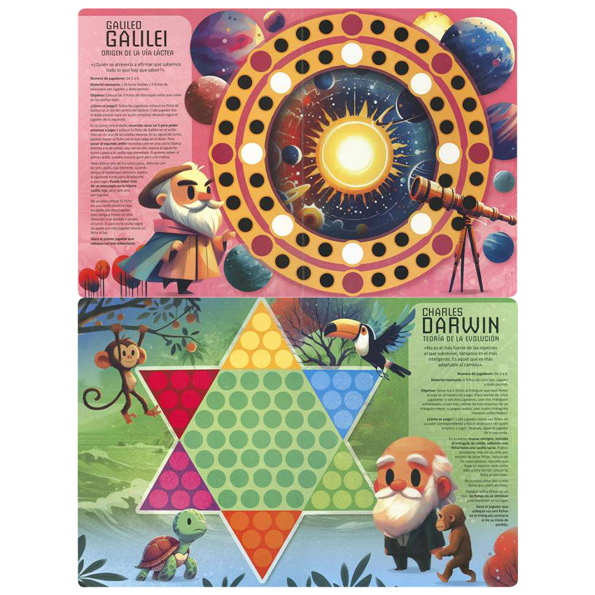 Libro con juegos de mesa Grandes Genios +6 años 