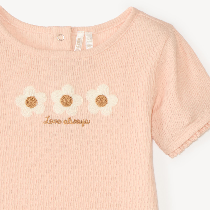 Camiseta de manga corta para bebé niña con bordado de flores 