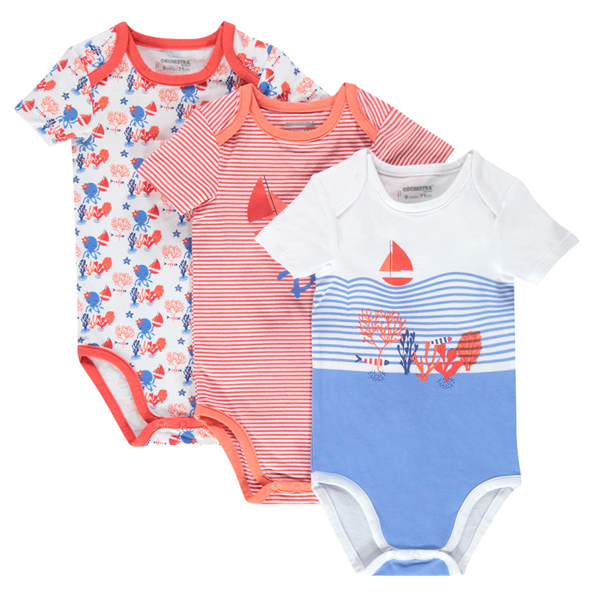 Pack de 3 bodys de estilo marinero con abertura adaptada según la edad. 