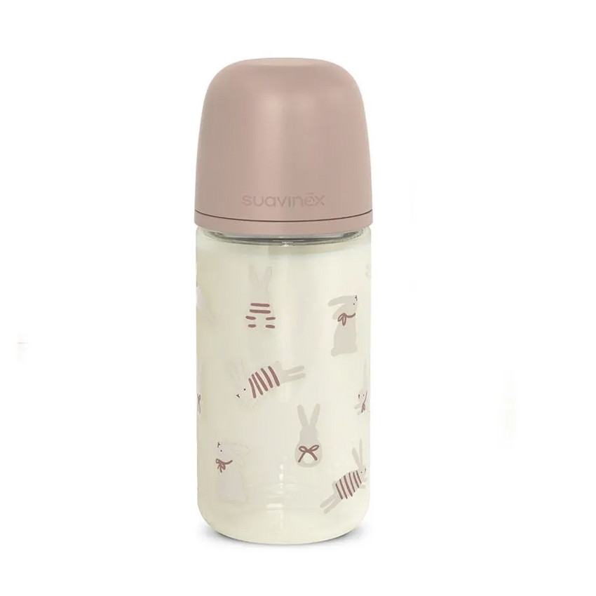Biberón de vidrio con tetina fisiológica SX Pro M 240ml Wonderland conejitos rosa 