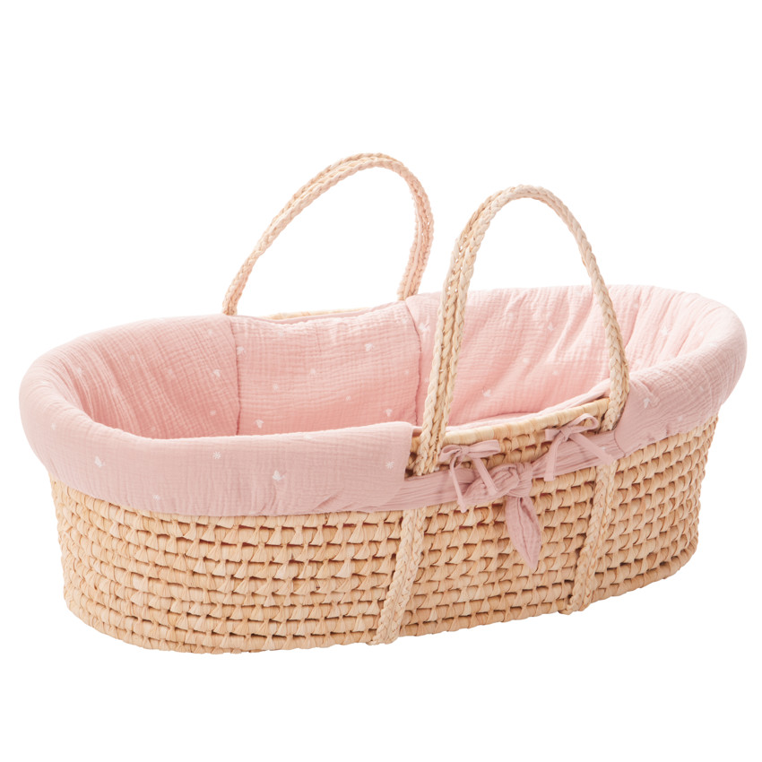 Cesta de mimbre con funda de tetra bordada en rosa 