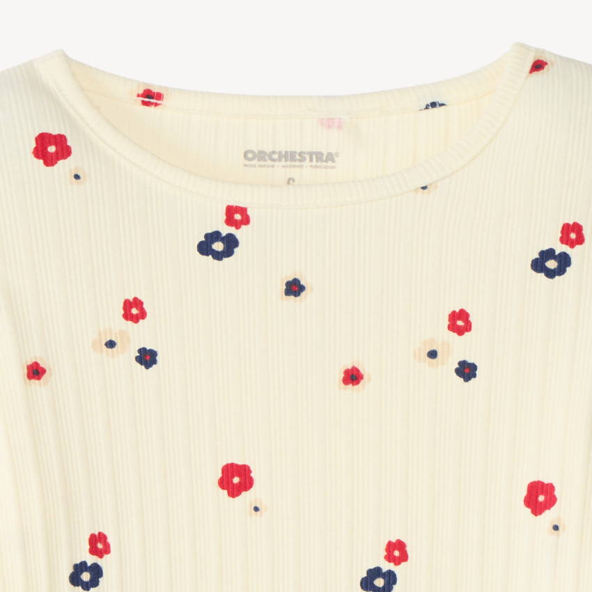 Camiseta de manga larga niña de canalé con estampado de flores 