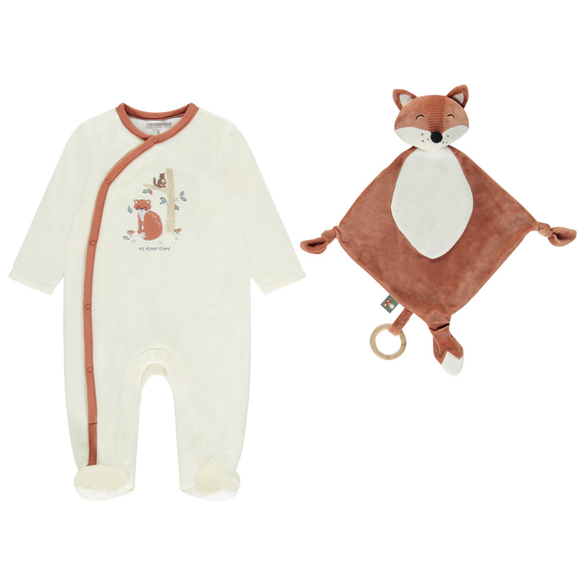 Pelele de terciopelo + doudou zorro a juego con aberturas diferentes según la edad 