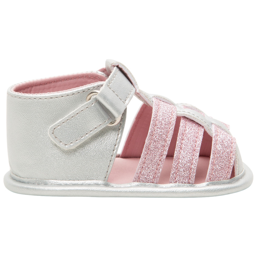 Sandalias suaves plateadas con tiras brillantes para bebé niña 