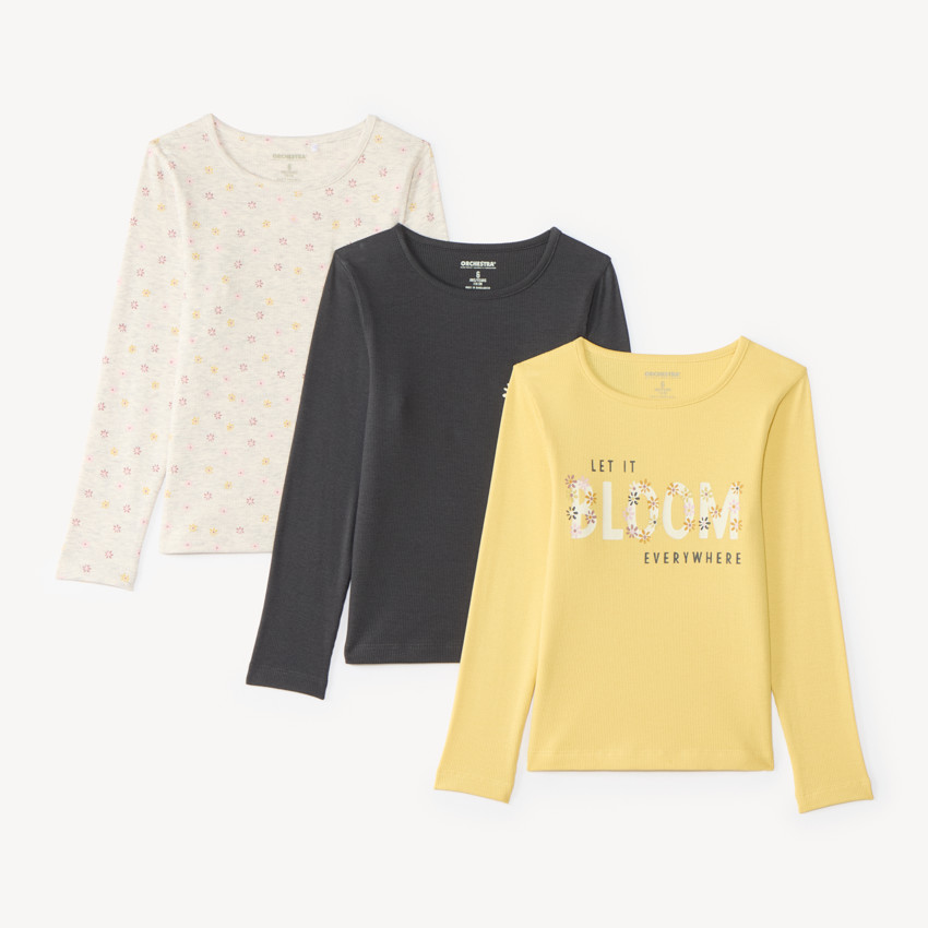 Conjunto de 3 camisetas de manga larga para niña, lisas y estampadas. 