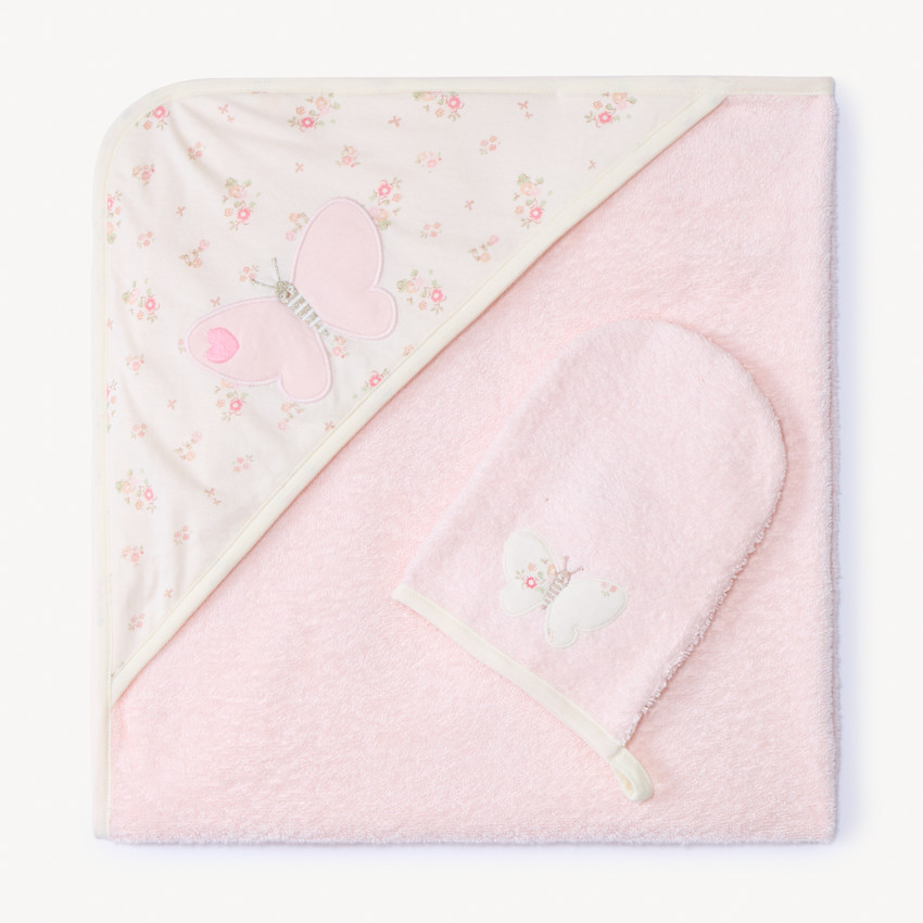 Set de bain bi-matière cape + gant de toilette pour bébé 
