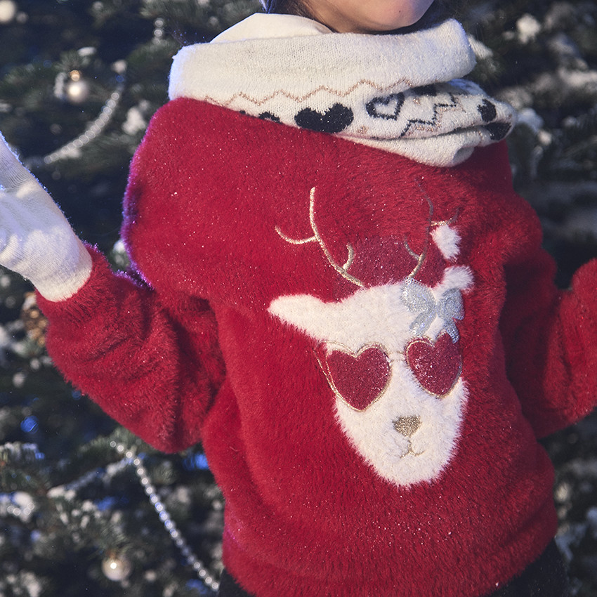 Suéter de punto peludo reno navideño para niña  Additional Suéter de punto peludo reno navideño para niña