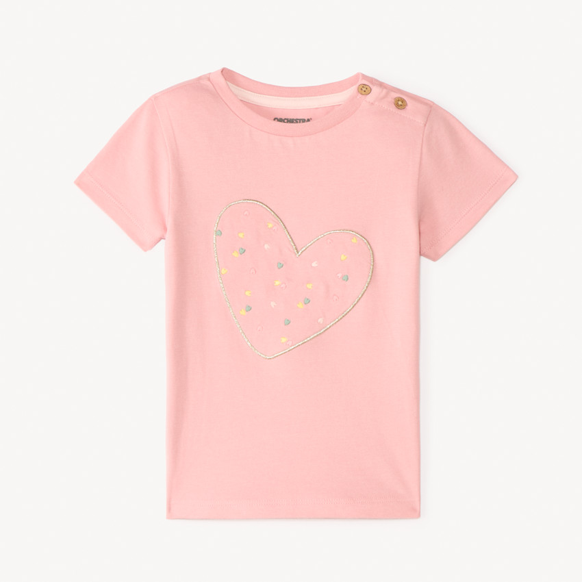 Camiseta de manga corta con bordado de corazón para niña. 