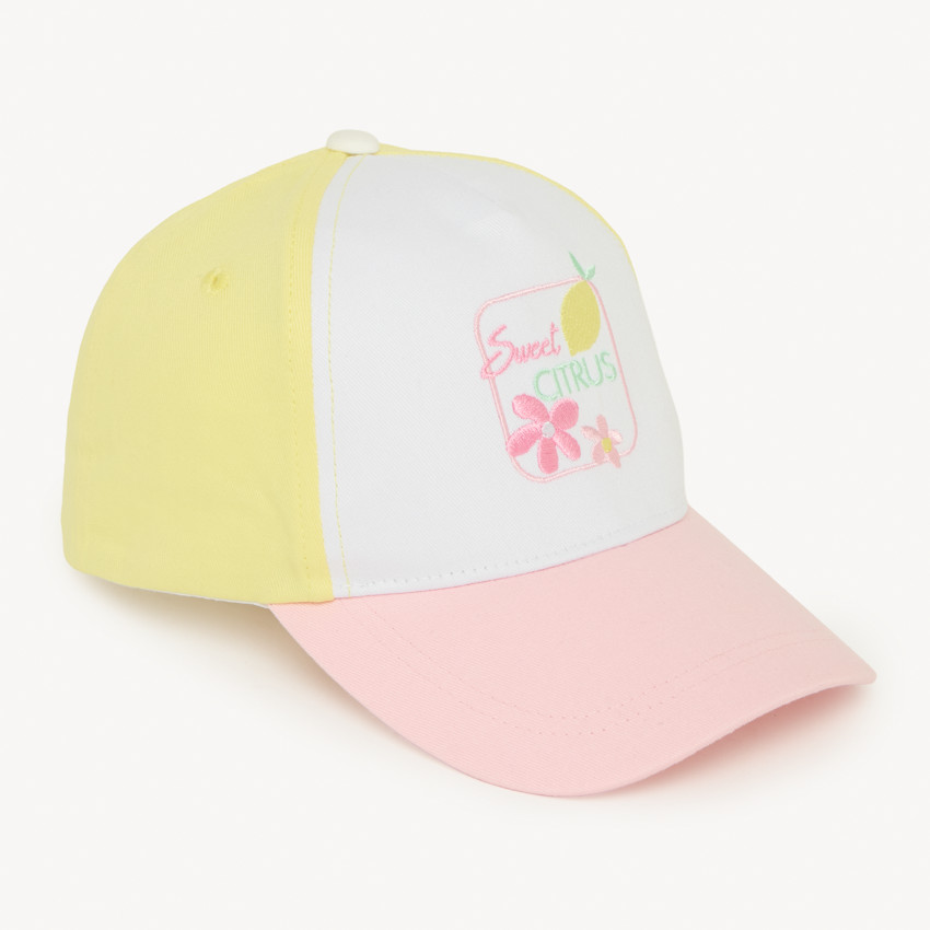 Gorra de sarga con efecto color block y bordado de limón para niña. 