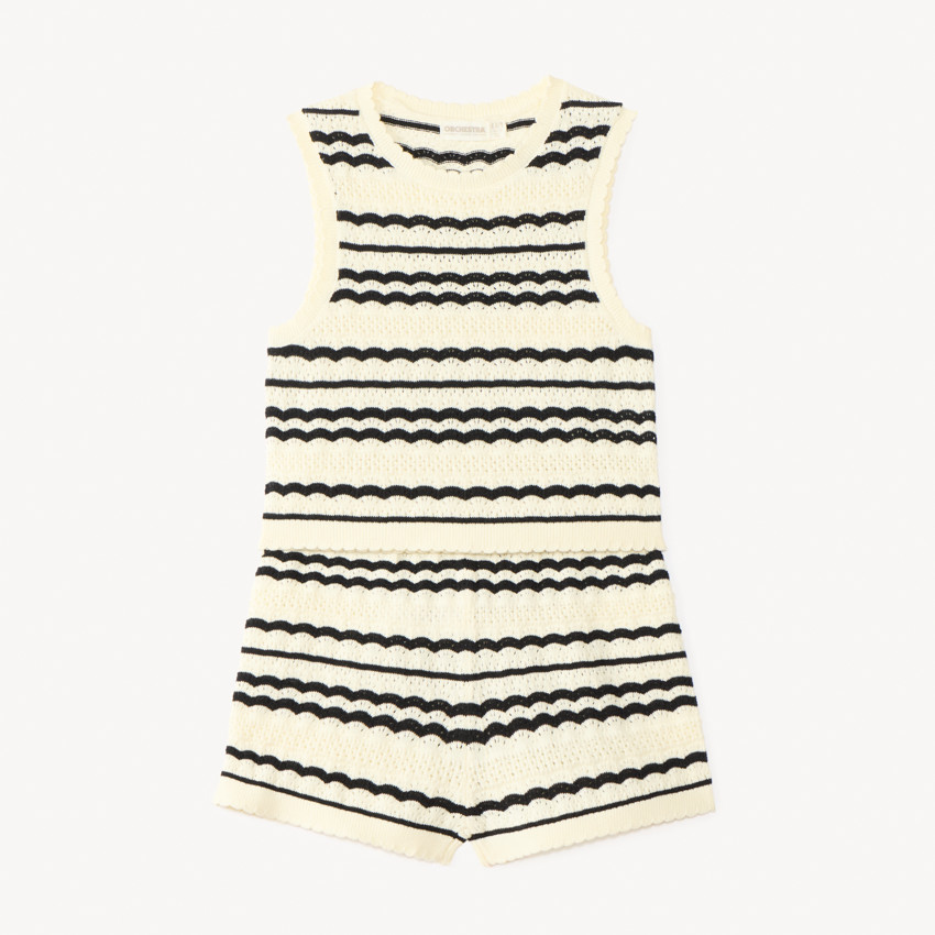 Conjunto de 2 piezas de camiseta sin mangas + pantalones cortos de punto a rayas para niña 