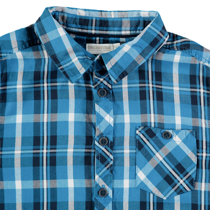 Camisa de manga larga de cuadros azules y bolsillo 