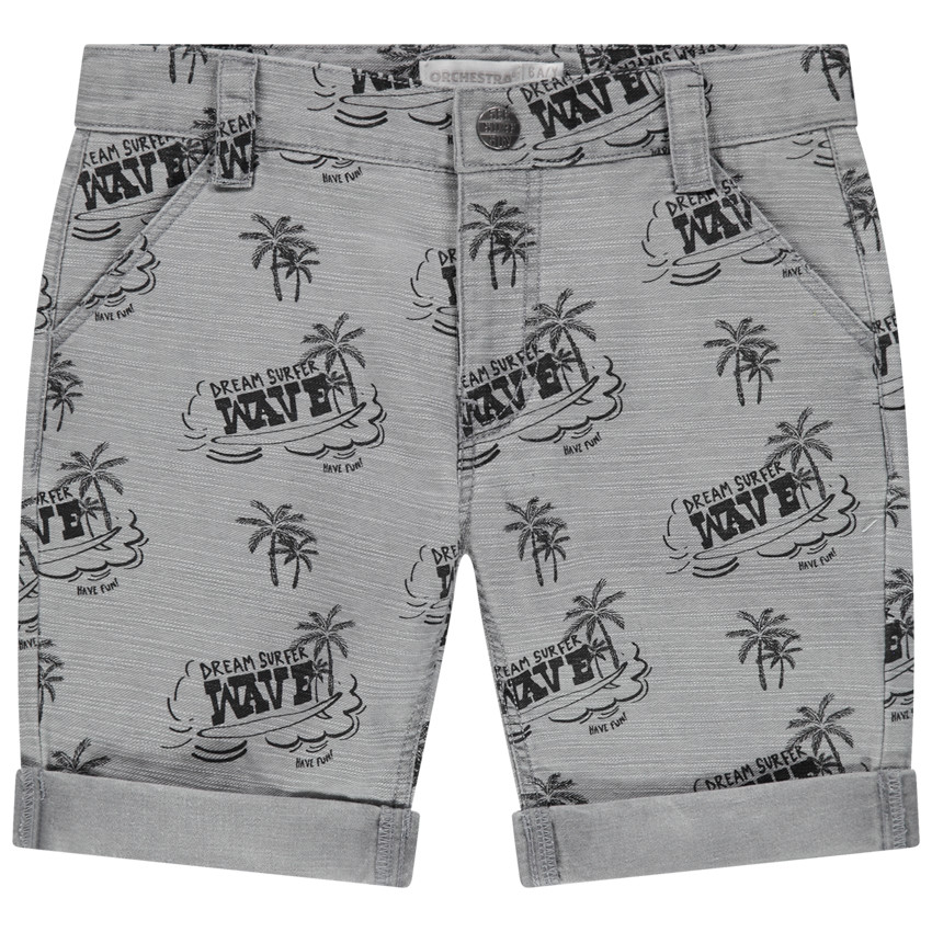 pantalon corto efecto jaspeado con palmeras y mensaje all-over 