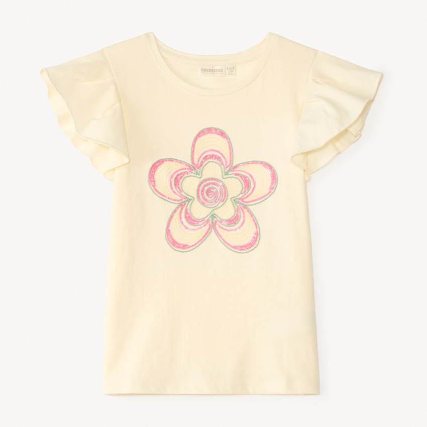 Camiseta de manga corta con flores de cordón y brillantina para niña. 