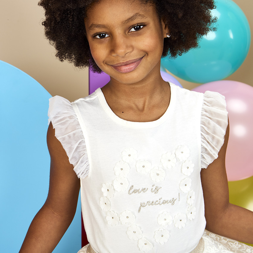 Camiseta manga corta de tul y flores 3D para niña 