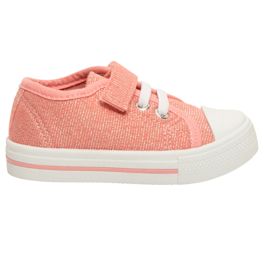 Zapatillas bajas rosas con purpurina, velcro y cordones elásticos para niña 