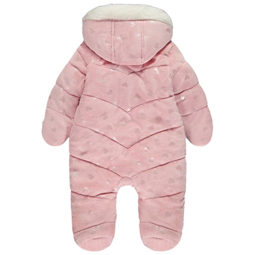 Pelele estampado corazones iridiscentes para bebé niña con acabados diferentes según la edad. 