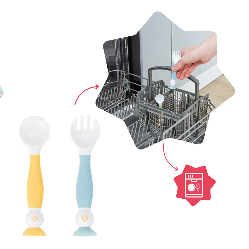 Lot de 2 couverts d'apprentissage flexibles - Jaune/Bleu 