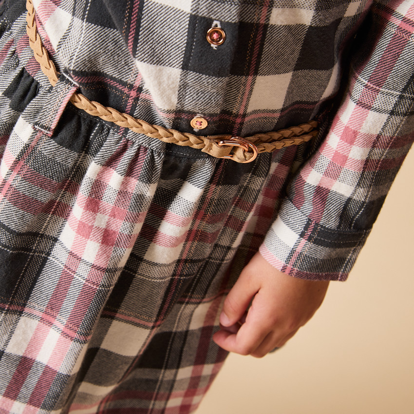 Ropa de camisa de cuadros con cinturón y mangas largas para niña 