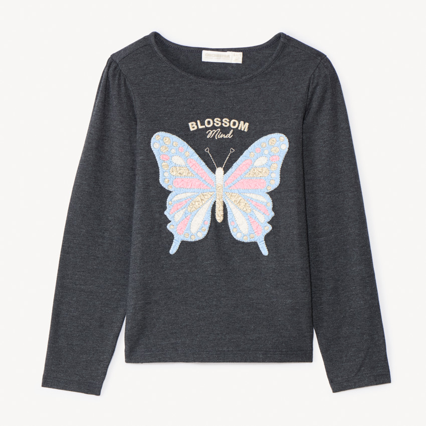 Camiseta de manga larga con bordado de mariposa para niña 