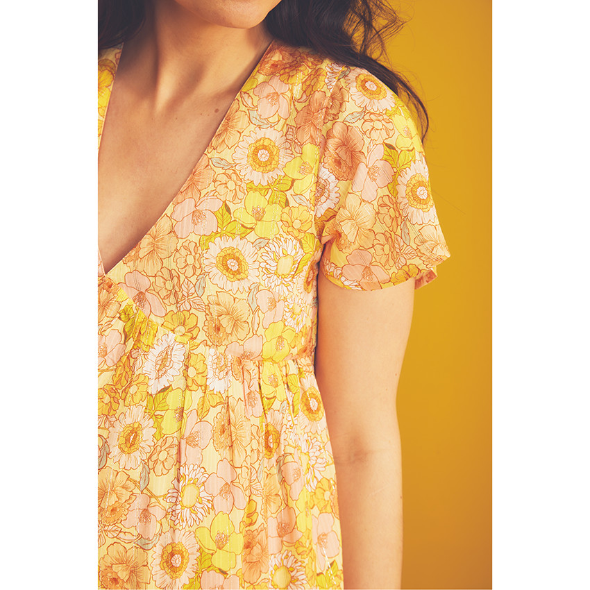 Vestido de manga corta con volantes y estampado retro para mujer 