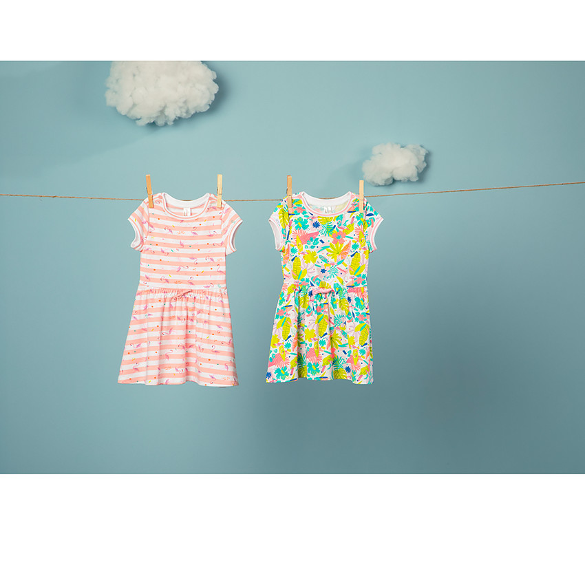 Vestido de manga corta a rayas y con estampado de flamencos para bebé niña 